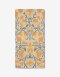 The Julianne Haness Golden Poppy Bar Towel features a symmetrical floral design in mustard yellow and muted green on beige Geoweave fabric.