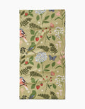 The Good Green Earth bar towel by Janna Sue Design is a beige, recycled cloth featuring a whimsical nature-inspired illustration of birds, butterflies, strawberries, flowers, leaves, and mushrooms in various colors.