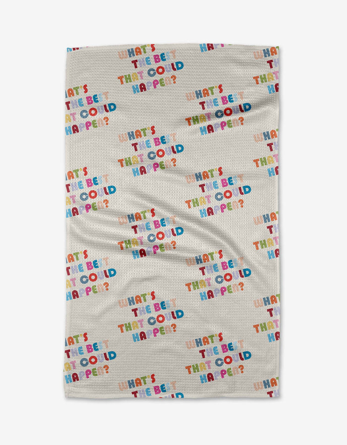 The Good Question blanket by Quotes by Christie features Geoweave beige fabric with WHATS THE BEST THAT COULD HAPPEN? printed repeatedly in vibrant, playful lettering.