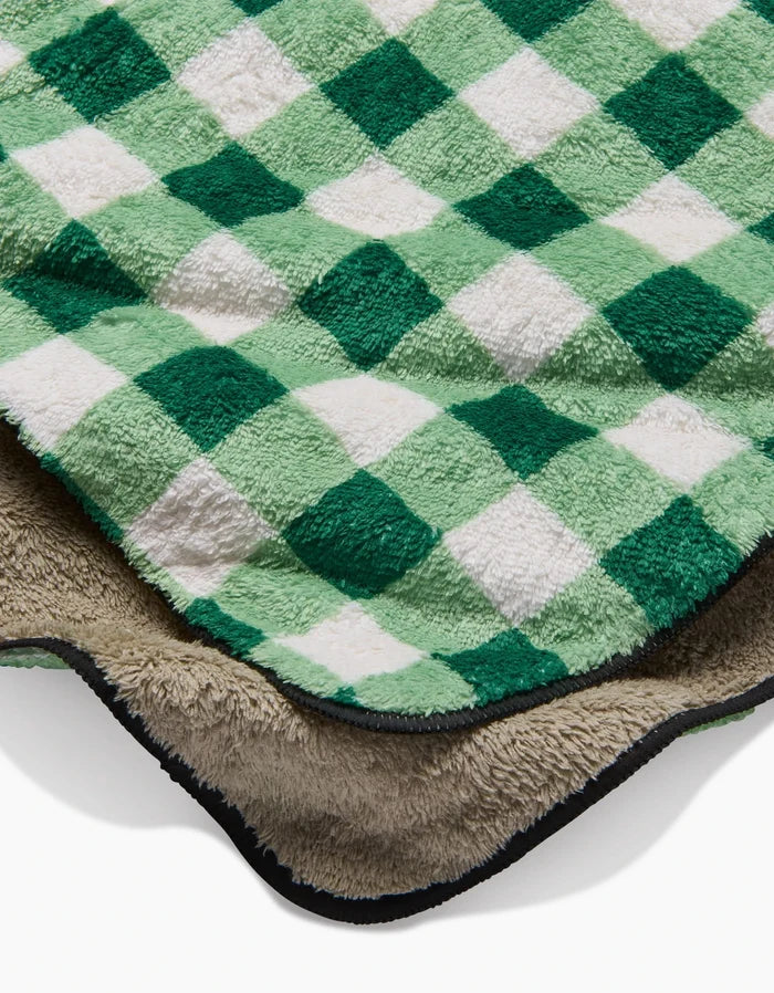 A close-up of two soft blankets layered together: Danelys Sidron’s Grass Plaid in green and white checks, paired with a solid beige dog towel with black trim—both made from recycled materials.