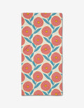 The Happy Ranunculus Bar Towel by Lizzie Clark features a repeating pattern of red, orange, and yellow flowers with blue leaves on beige Geoweave fabric.