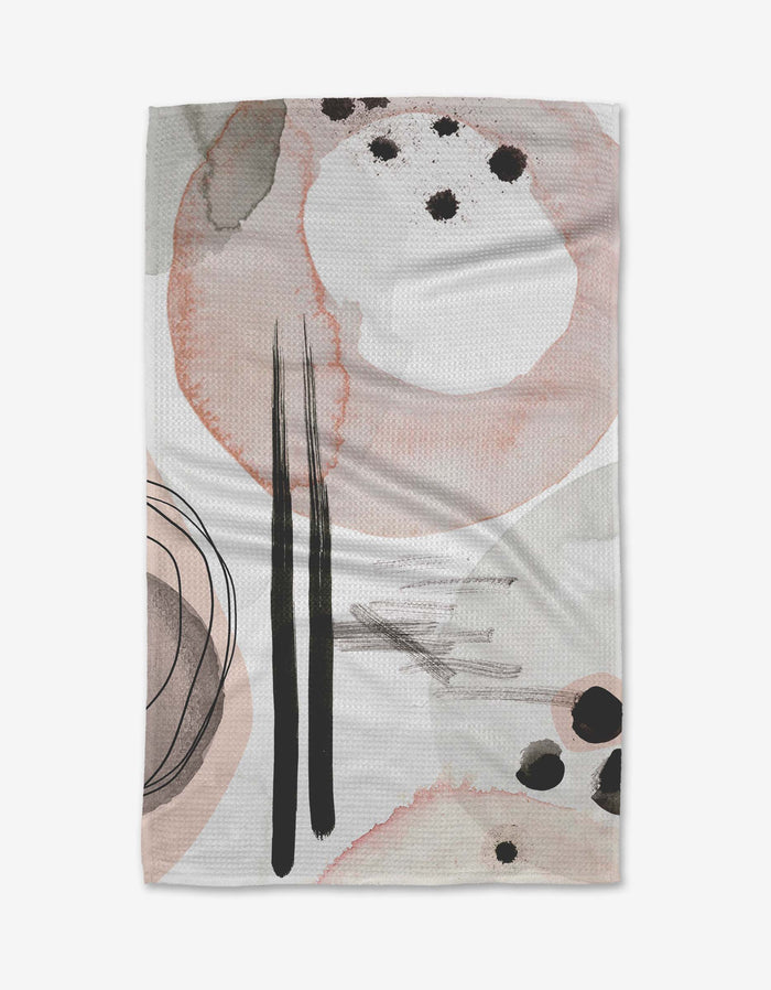 The Harper Abstract tea towel by Kailee Wright features overlapping pastel circles, black lines, and dots on white Geoweave™ fabric in soft pink, beige, gray, and bold black accents.