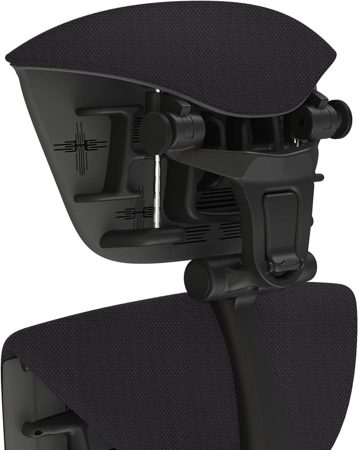 Herman Miller Embody headrest in black balance fabric and graphite frame, close-up view