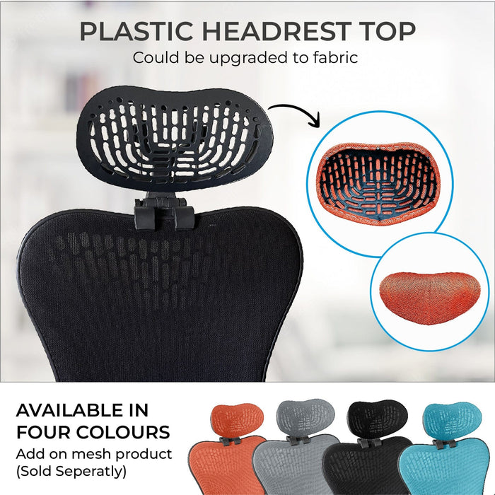 Office Logix Shop Mirra 2 chair plastic headrest, available in four colors, shown in black, orange, grey, and blue.
