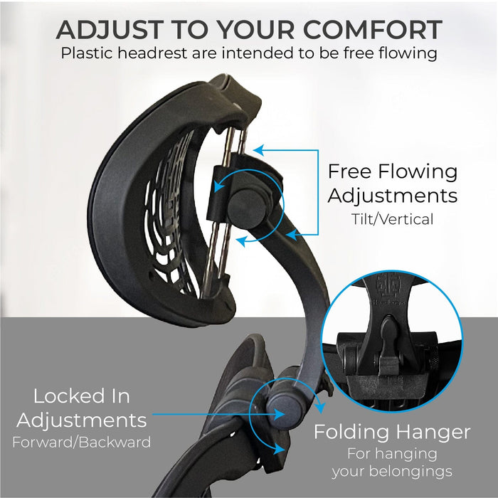Adjustable headrest for Mirra 2 office chair with tilt, vertical, and folding hanger features