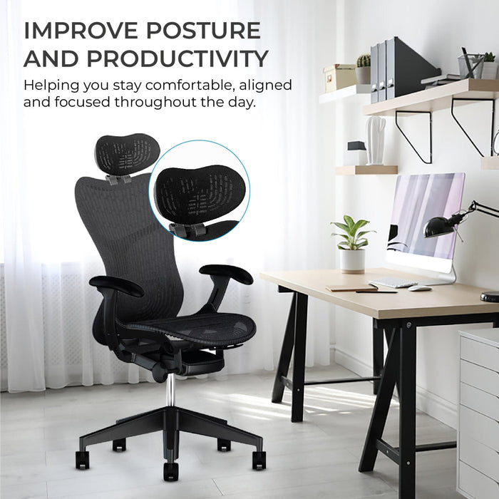 Refurbished black Mirra 2 ergonomic office chair with headrest in modern home office setting