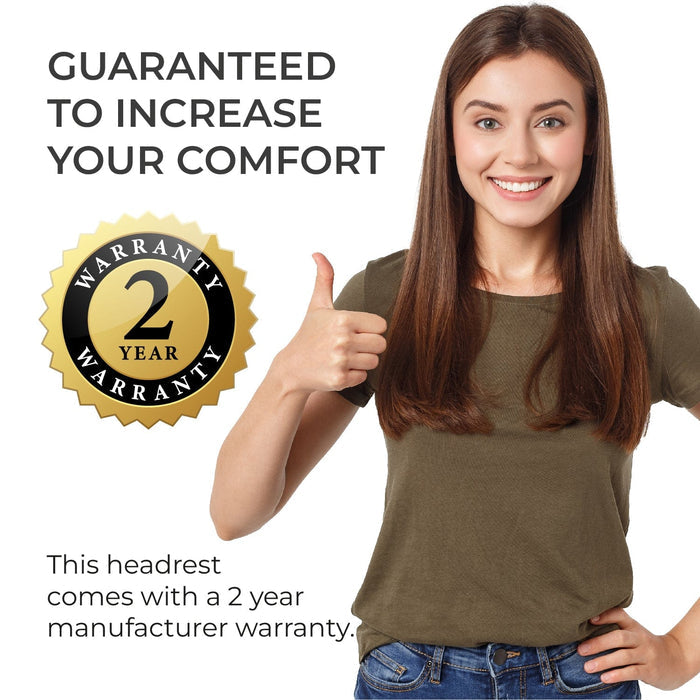 Smiling woman giving thumbs up, 2-year warranty badge, Office Logix Shop comfort guarantee.
