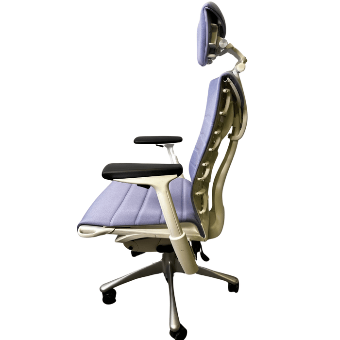 Refurbished Herman Miller Embody ergonomic office chair with headrest, light purple upholstery