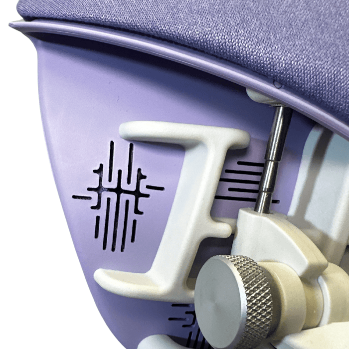 Close-up of purple Herman Miller Embody Gaming chair armrest, refurbished by Office Logix Shop