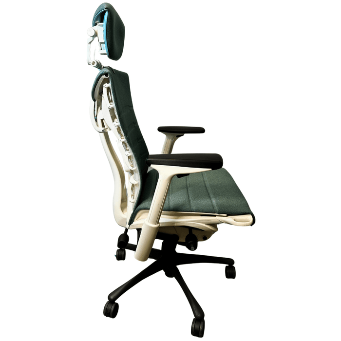 Refurbished Herman Miller Embody gaming chair with headrest, ergonomic, side view