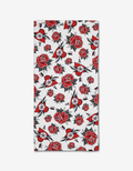 The Hearts and Roses Bar Towel by Cole Strem features a rectangular white design with red and black roses plus small flowers and leaves, evenly spread across ultra-absorbent Geoweave fabric.