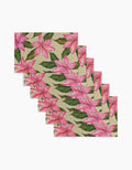 Set of six Geometry Hibiscus Haze rectangular placemats featuring a beige background with vibrant pink lilies and green leaves. Stylish, reusable, and eco-friendly—perfect for sustainable dining. Not paper towels.