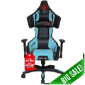 High-back blue and black gaming chair with massage lumbar, armrests, and sale tag