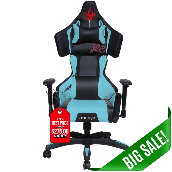 High-back blue and black gaming chair with massage lumbar, armrests, and sale tag