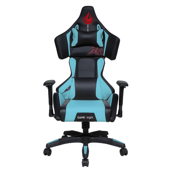 High-back ergonomic gaming chair with massage lumbar support and blue-black design