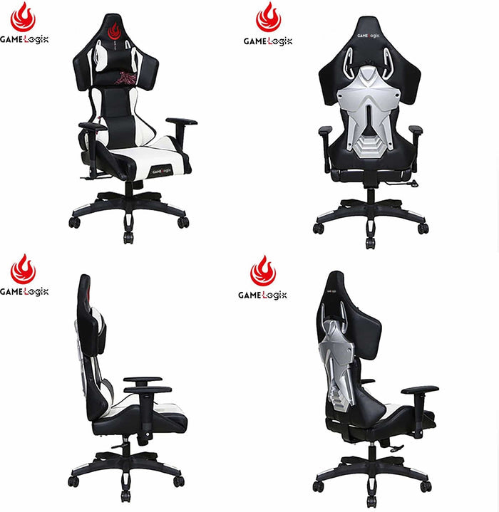High back black and white gaming office task chair with massage lumbar, shown from multiple angles
