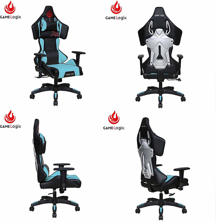 High-back black and blue ergonomic gaming office chair with massage lumbar support, shown from multiple angles.