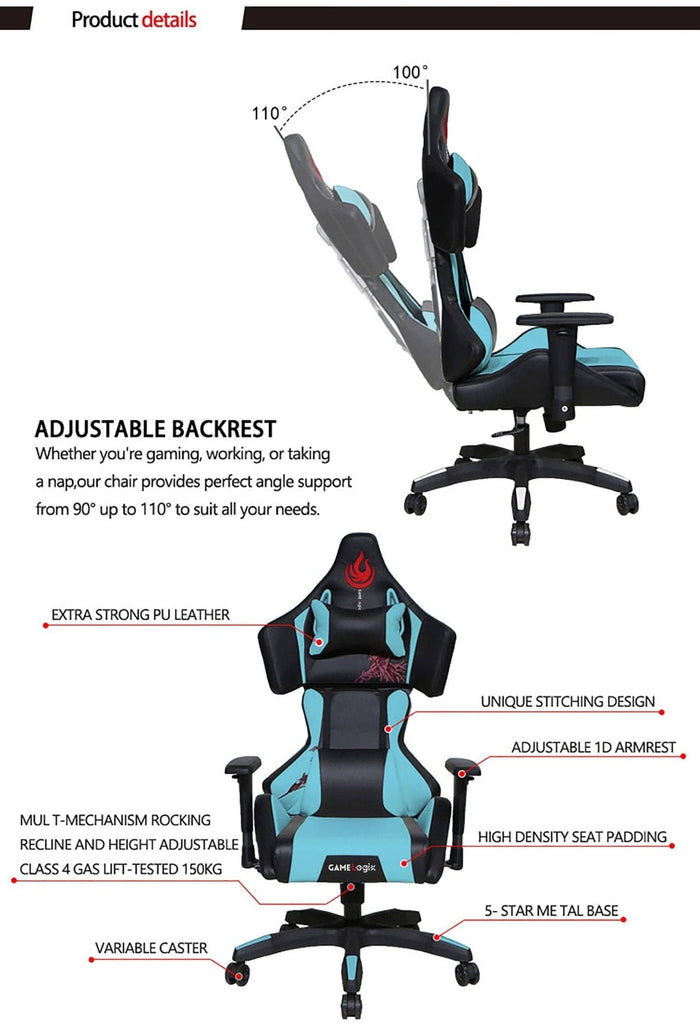 High back office and gaming chair with adjustable backrest, lumbar massage, and PU leather, from Office Logix Shop