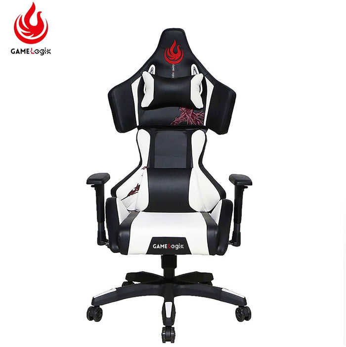 Black and white ergonomic high-back gaming chair with headrest and lumbar support, Office Logix