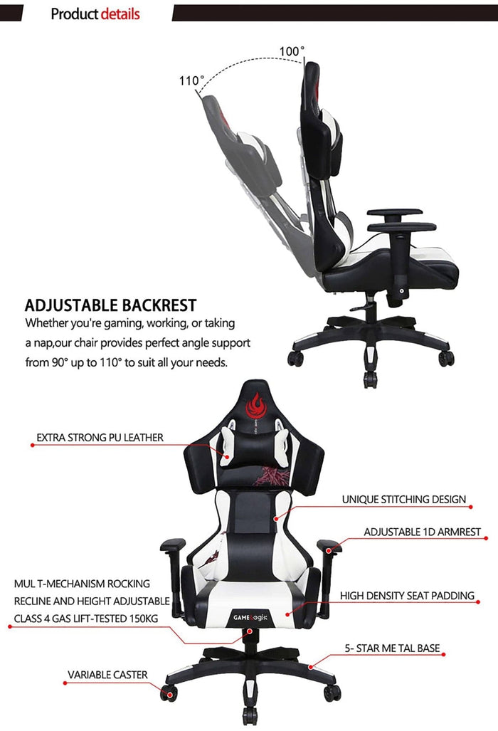 Black and white high-back ergonomic office gaming chair with adjustable backrest and armrests, massage lumbar support, and sturdy 5-star base from Office Logix Shop.