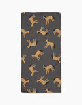 The Horses bar towel by Coit Creative features a dark gray rectangular design with a repeating pattern of stylized tan horses in various poses, made from eco-friendly Geoweave fabric using recycled materials.