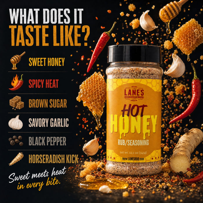 Lanes Hot Honey Rub/Seasoning bottle with flavor description on a dark background