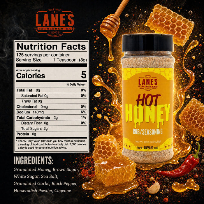 Lane's Hot Honey Rub & Seasoning with honeycomb, honey drizzle, and nutrition facts label on a dark background.