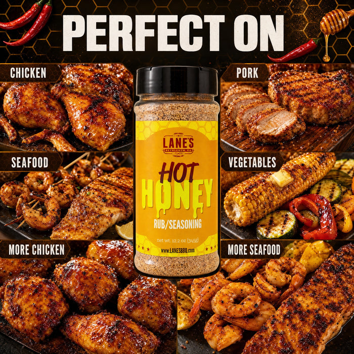 Lane's Hot Honey Rub/Seasoning bottle surrounded by grilled meats and vegetables with text indicating flavor versatility.