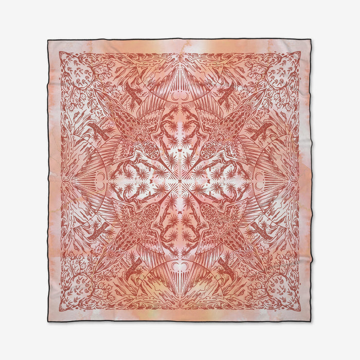 The Skye Walker Hummingbird is a square silk scarf with birds, plants, and sunburst motifs in red and pink on white, featuring a detailed geometric pattern and thin border inspired by micro-loop beach blanket designs.