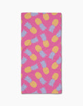 The Ashley Celena Juicy Pineapples Bar Towel features a pink design with yellow pineapples and blue-green leaves, crafted from soft Geoweave fabric for top absorbency.