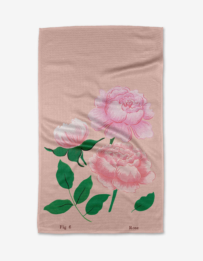 The June Roses tea towel by Linda Fox features two blooming pink roses, a rosebud, and green leaves with “Fig 6” and “Rose” at the bottom. Made from recycled materials for an eco-friendly touch.