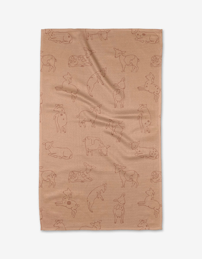 The Kidding Around kitchen towel by Sara Mari has a light brown textured surface adorned with simple line-drawn dogs in playful poses, evenly spread across the recycled fabric.