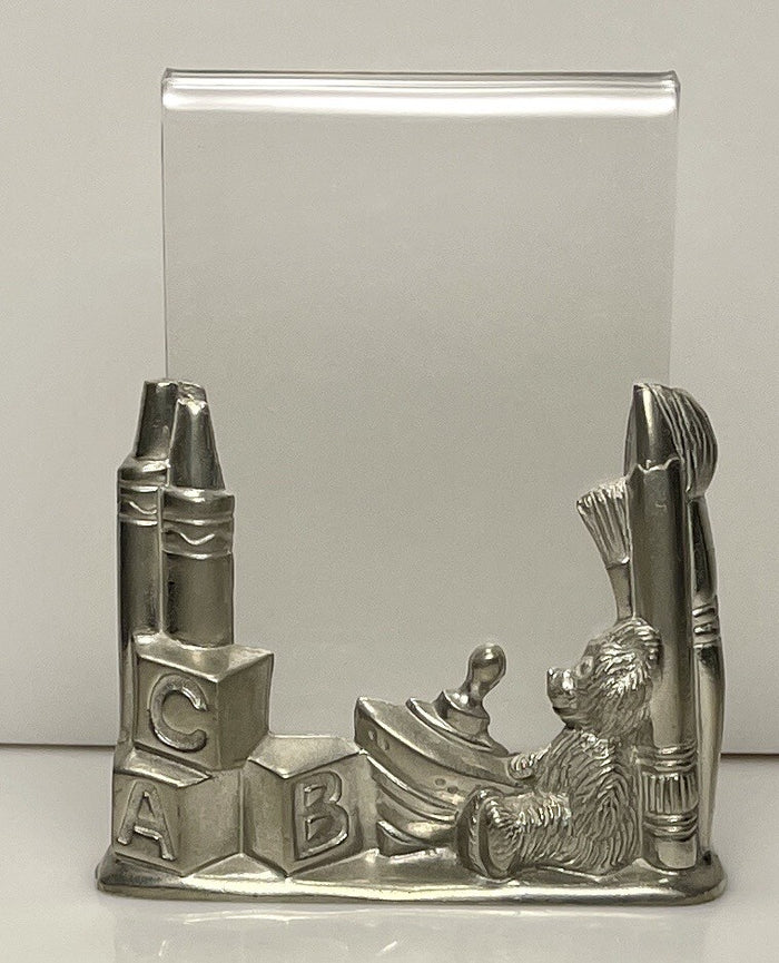 Kirk Stieff Frame Pewter Child Baby Teddy Bear Crayons  4" x 2 5/8"1