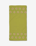 The Kiwi Kraze Bar Towel by Lizzie Clark features Geoweave fabric and a plain green center, with green, white, and pink kiwi slice borders along the top and bottom edges.