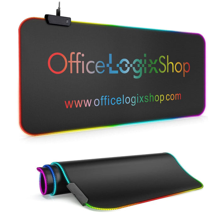 Large RGB LED gaming mouse pad with Office Logix Shop logo and illuminated edges.