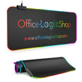 Large RGB LED gaming mouse pad with Office Logix Shop logo and illuminated edges.