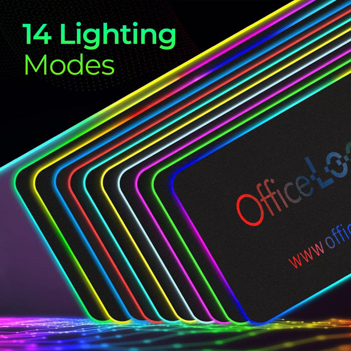 Large RGB LED mouse pad with 14 lighting modes, Office Logix logo, illuminated edges