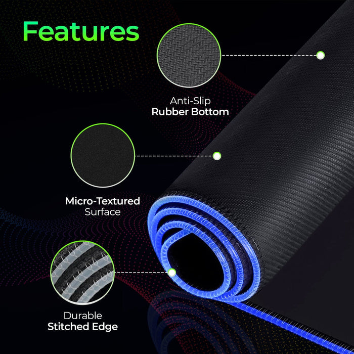 Large RGB LED gaming mouse pad with blue edge, anti-slip rubber bottom, and micro-textured surface