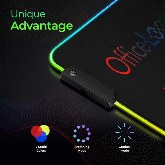 RGB LED gaming mouse pad by Office Logix Shop with illuminated edges and logo on dark surface