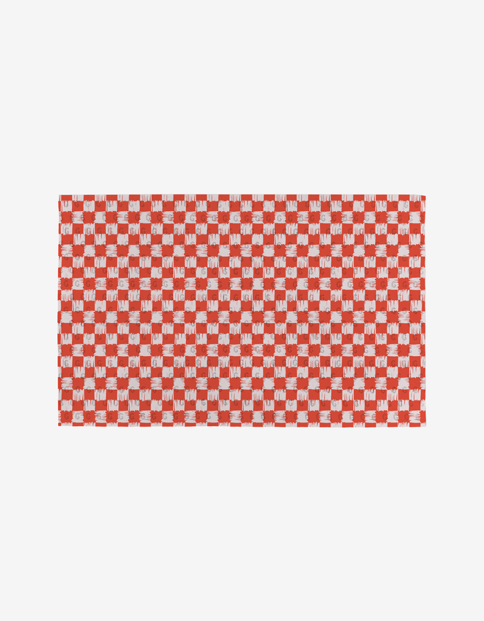 The Letters of Love by Kayla Ann is a rectangular cloth featuring a red and white checkerboard design, crafted from post-consumer recycled materials, shown on a plain white background.