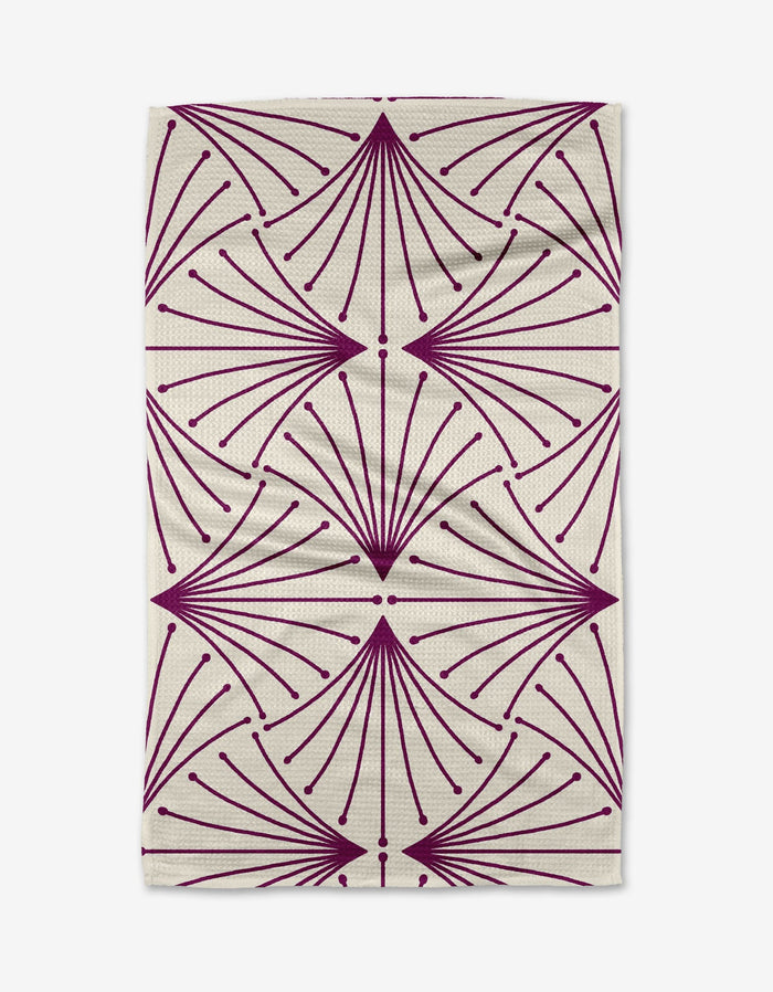 The Libby Dark Maroon by Amy MacCready is a cream blanket with a geometric pattern of purple fan-shaped lines and dots, symmetrically arranged, crafted from soft Geoweave™ fabric for enhanced texture and durability.