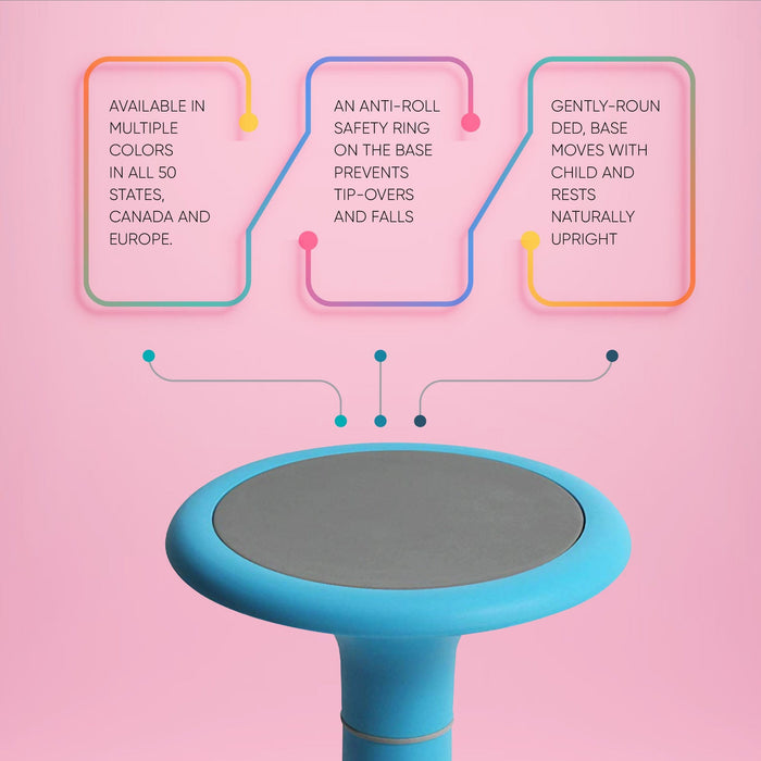 Blue ergonomic wobble stool for kids with anti-roll base, promoted by Office Logix Shop.