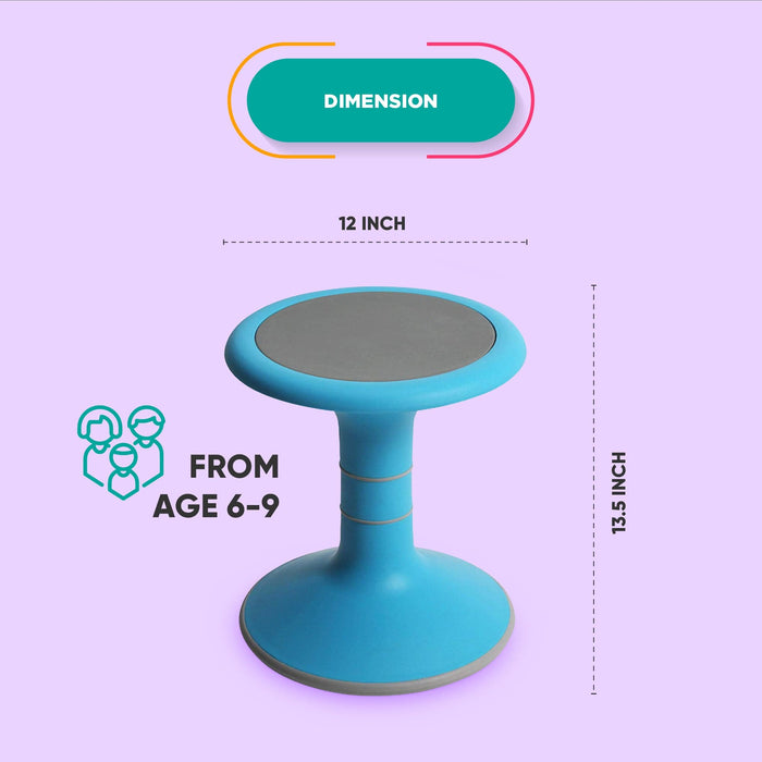 Blue ergonomic kids wobble stool, 12 x 13.5 inches, for ages 6-9, on purple background.