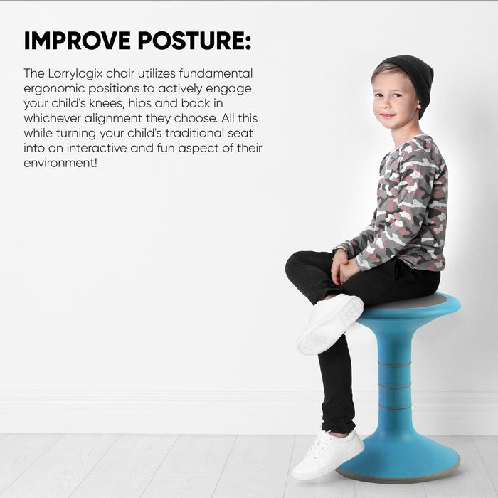 Child sitting on blue ergonomic wobble chair in modern room, promoting good posture