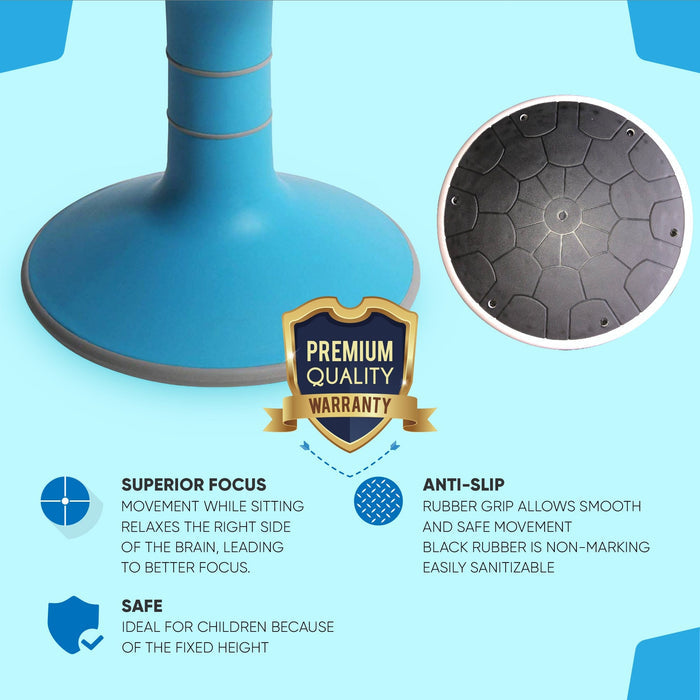 Blue ergonomic wobble chair for kids with anti-slip base, premium quality warranty badge, and safety features, from Office Logix Shop.