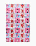 The Love Squares tea towel by Daria Solak is quick-drying and features a playful pink, red, and white checkered pattern with cartoon hearts, cupids, and Valentine-themed designs.