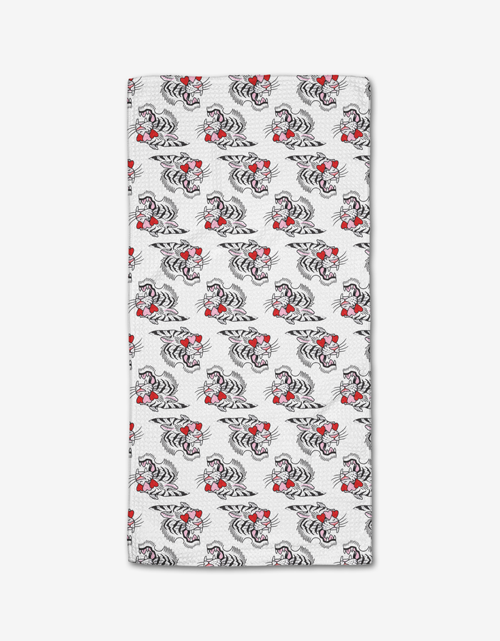 The Cole Strem Love Tiger bar towel showcases playful cartoon tigers in red boxing gloves on soft Geoweave fabric for excellent absorbency and durability.
