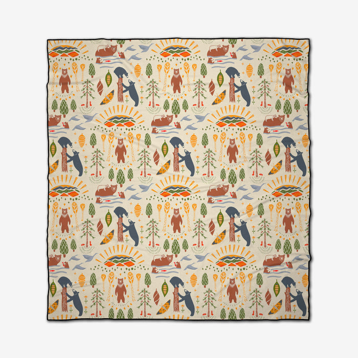 The Elisabeth Wing Mama Bear Micro-loop Beach Blanket features a playful, nature-inspired pattern with bears, fish, trees, leaves, and mountains in earthy hues on cream—ideal for picnics or outdoor adventures.