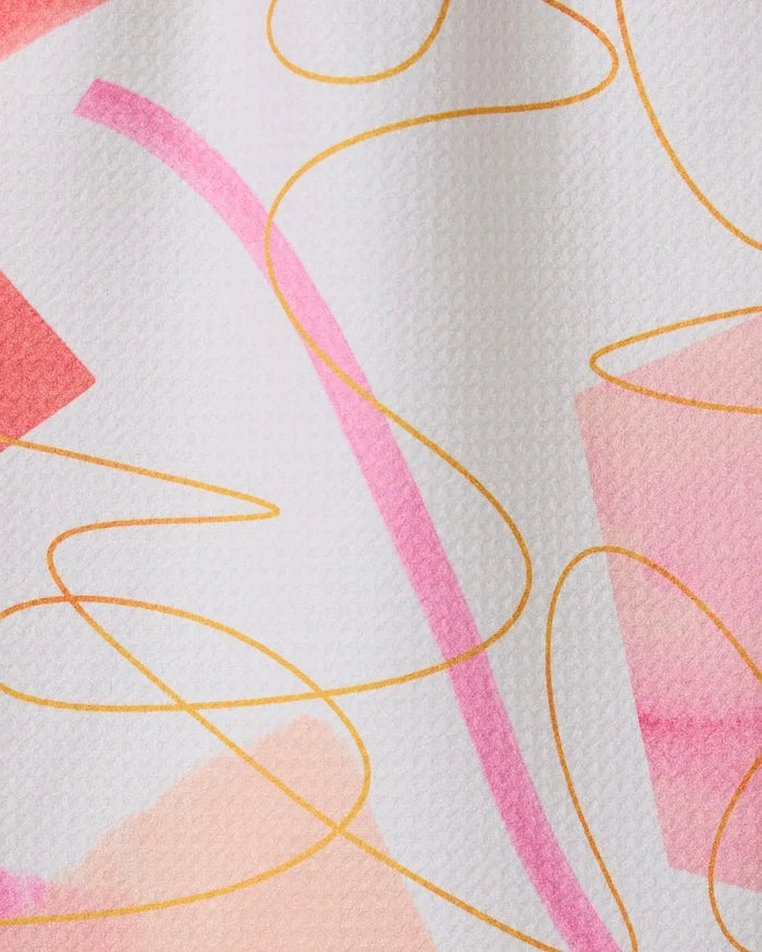 Memories by GEOMETRY features pink and peach watercolor shapes with wavy yellow lines on a white, textured background—a chic design for an ultra-absorbent or recycled kitchen towel.