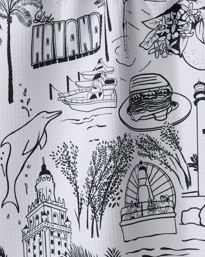 Black and white illustration titled "Miami" by Elisabeth Wing, featuring dolphins, a sandwich, a boat ride, lighthouse, trees, flowers, historic buildings—perfect for a recycled kitchen towel.
